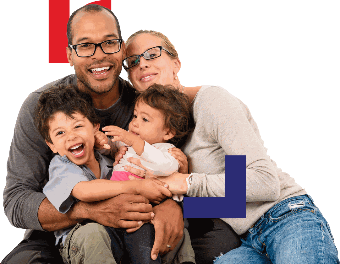 A family of three smiling together at Rockwell Health Center
