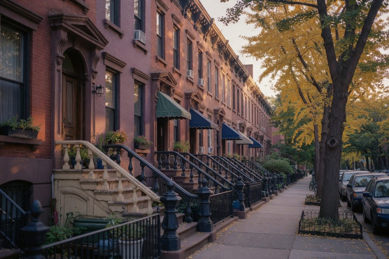 A tree-lined Brooklyn brownstone street near Rockwell Health Center
