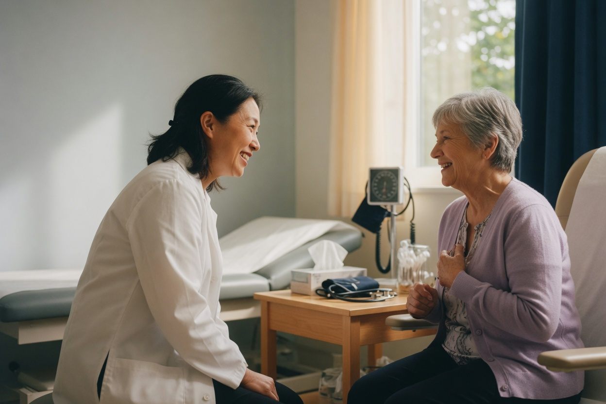 A Rockwell provider listening warmly to an older patient during an unhurried visit