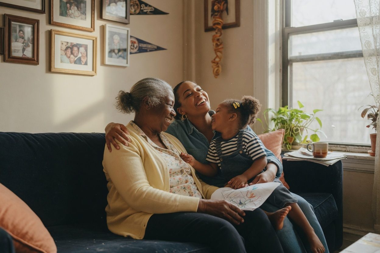 Three generations of a family sharing a warm moment together at home in Brooklyn