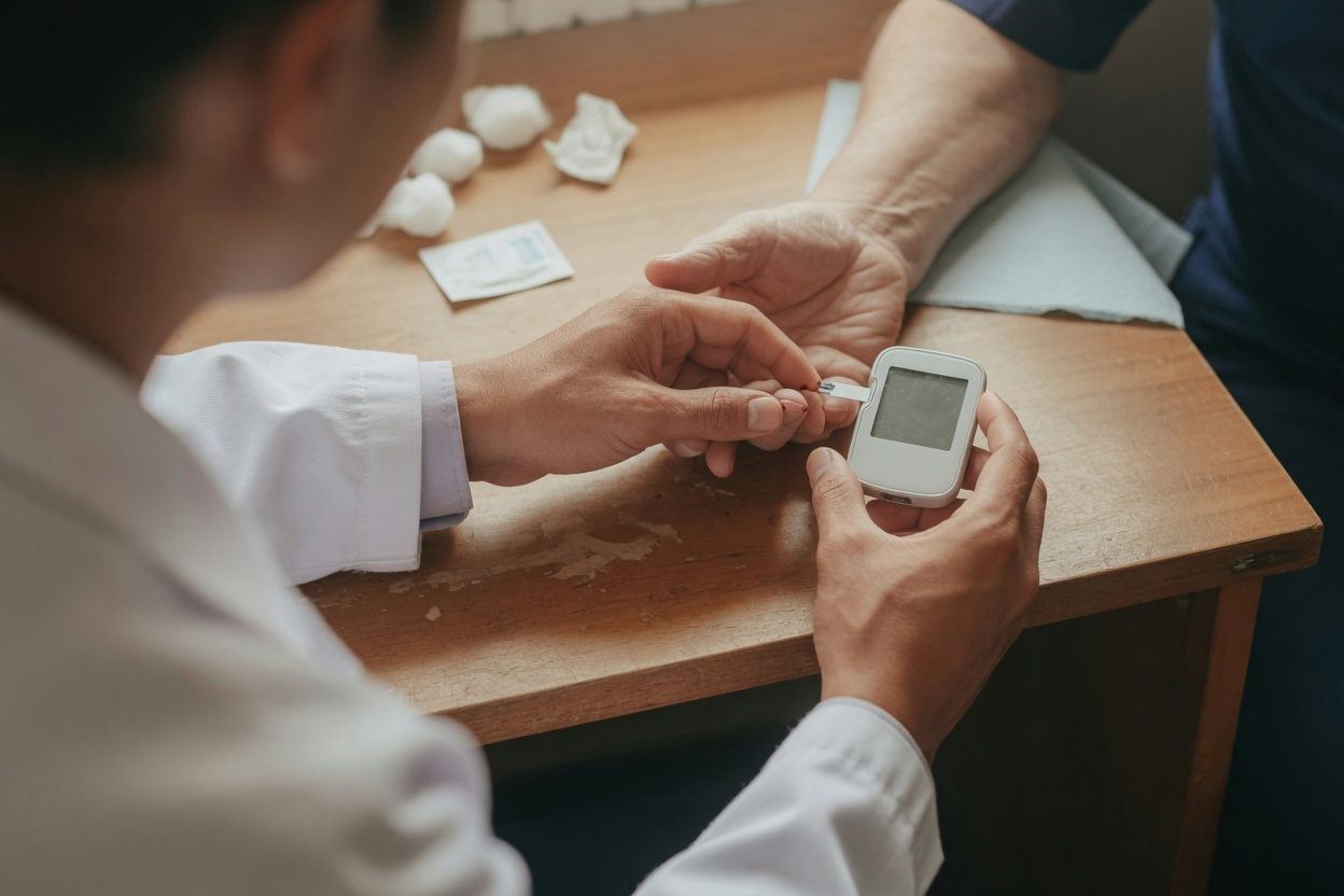 A Rockwell clinician guiding a patient through a blood sugar check