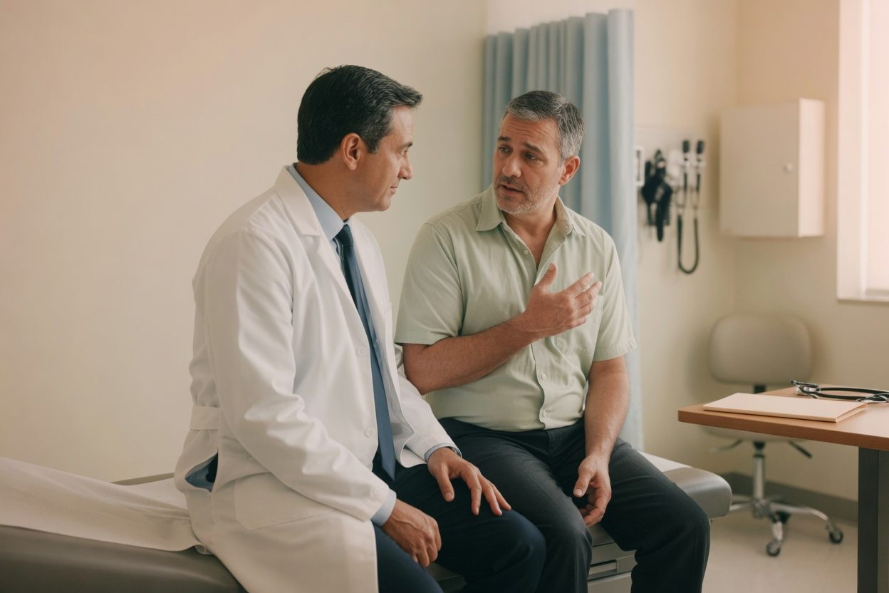 A Rockwell physician listening as a patient describes ongoing discomfort