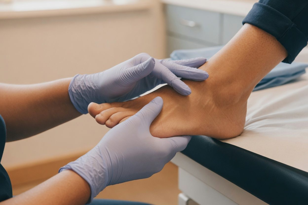 A Rockwell podiatrist gently examining a patient's foot and ankle
