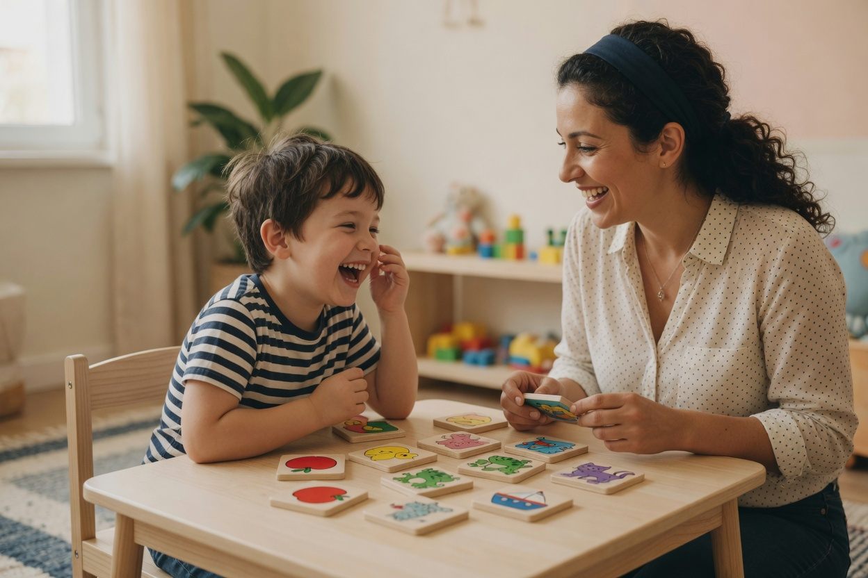 A Rockwell speech therapist practicing sounds with a young child